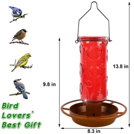 Juegoal Glass Wild Bird Waterer, 28 oz Wild Bird Feeder for Outdoors, Water Cooler with Metal Handle Hanging for Garden Tree Yard Outside Decoration, Red