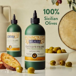 DeLallo, Castelvetrano Extra Virgin Olive Oil, 16.9 Ounce Squeeze Bottle, (3 Pack), Made in Italy, Made with 100% Sicilian Olives, For Cooking and Drizzling, All Natural, Non-GMO