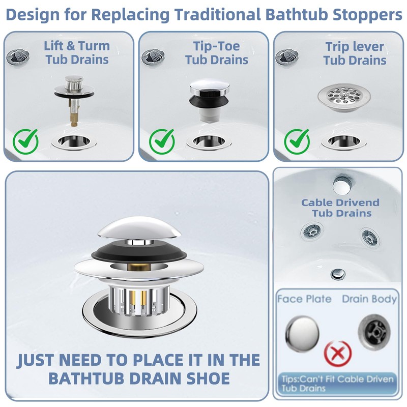 Universal 3 in 1 Bathtub Drain Stopper Bathtub Drain Hair