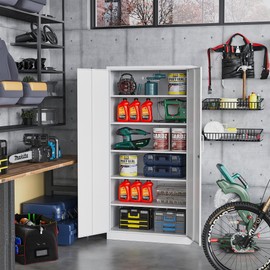 STANI Metal Garage Storage Cabinet with Lock, 71" Steel Lockable File Cabinet, Locking Steel Storage Cabinet with 5 Adjustable Shelves for Home, Office, Warehouse, Garage, School (White)