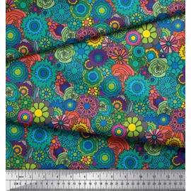 Soimoi Green Moss Georgette Fabric Colorful Flowers Clip Art Decor Fabric Printed BTY 42 Inch Wide