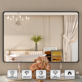 ISTRIPMF Black Bathroom Vanity Mirror 48x32 Inch,Rounded Rectangle Matte Black Mirror for Wall,Black Matel Frame Mirror for Bathrooom,Farmhouse,Tempered Glass,Horizontal or Vertical