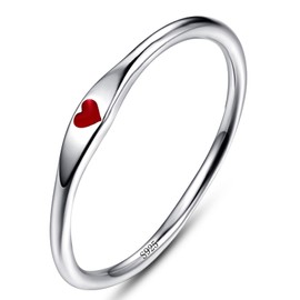 AVECON 925 Sterling Silver Simple Rings for Women Red Heart Enamel Ring Wedding Stacking Index Finger Ring Band Dainty Thin Promise Ring for Her Birthday Valentine Jewelry Gifts Size 7