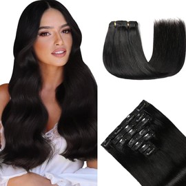HotLulana Clip-In Real Hair Extensions, 120 g, 7 Pieces, 50 cm, Natural Black, Remy, Invisible Clip Extensions, 20 Inch Skin Weft Hair Extensions 1B#