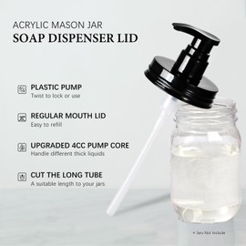 Amolliar Plastic Mason Jar Soap Dispenser Lids(4) - Universal Pump Replacement for Regular Mouth Jar - Long Tubes & Cute Lables -Farmhouse Decor for Kitchen, Bathroom, Dish Soap, Lotions, Hand Soap