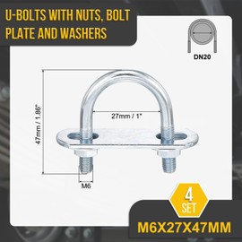 DTGN M6x27x47mm U Bolts Round Kit - 4Set - Carbon Steel U-Bolt Kit with Nuts, Washers, Frame Plate - Good for DN20 Pipe, Trailer, Automotive, Leaf Spring Fastener