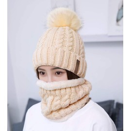 Generic Women's Winter Hat Scarf Set, Warm Soft Inner Lining Knitted Hat and Scarf with Fleece Lining, Winter Warm Beanie Hat Knitted Scarf Set, Tube Scarf Hats Hats with Faux Fur Bobble Pom, beige