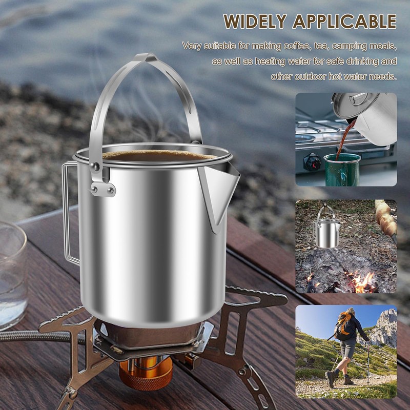 Camping Tea Kettle, 1.2L Stainless Steel Outdoor Hiking Percolator Coffee