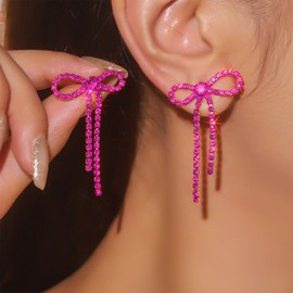 Silver Bow Earrings for Women Trendy Silver Rhinestone Earrings Dangling Silver Sparkly Dangle Bow Earrings for Women Wedding Earrings for Brides Bow Jewelry (Hot Pink)