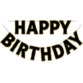 LITAUS, Black Gold Happy Birthday Banner - Pre-Strung, 9 ft, No DIY | Birthday Decorations | Happy Birthday Sign for Birthday Decor, Backdrop | Birthday Banner for Women, Men, Boys, Girls