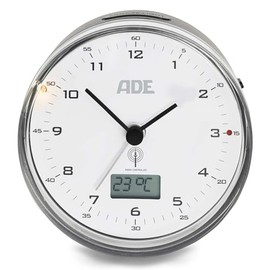 ADE Radio Alarm Clock Analogue CK 2022 (Silent Alarm Clock without Ticking, Thermometer, Date and Snooze Function, 8.2 cm Diameter), ABS Plastic, Black White, 8.2 cm