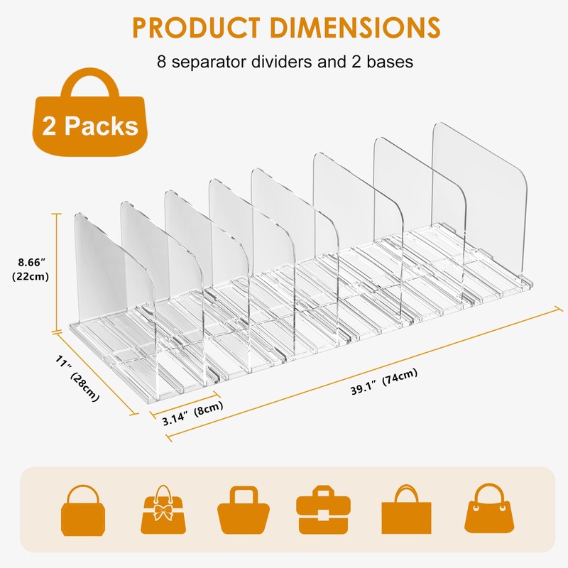MIKESIER Purse Organizer for Closet - 2 Pack Clear Adjustable