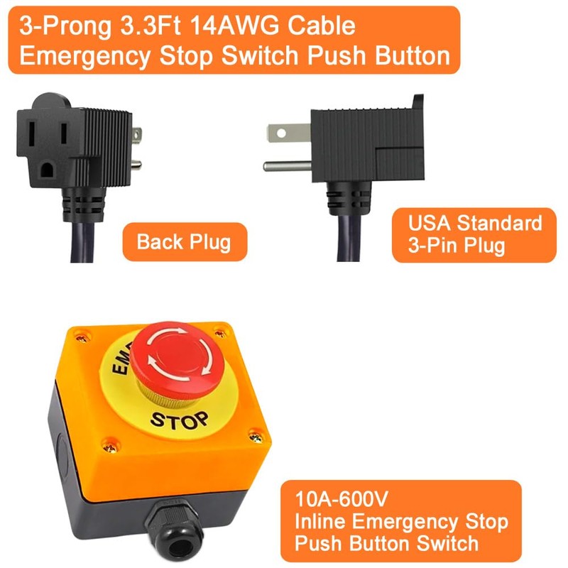 Emergency Stop Push Button Switch with 3.3-ft 14AWG Cable &