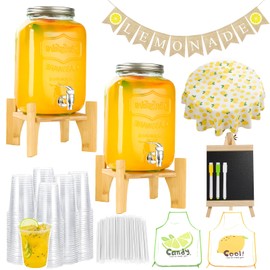 Lemonade Stand Supplies Decorations for Kids, 2 Set 2.2Gallon Plastic Drink Dispenser with Stands, 50 Pcs Lemonade Cups with Lids and Straws, Lemonade Bar Sign Decor