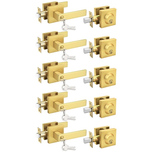 Tinewa 5 Pack Brushed Gold Keyed Alike Front/Exterior Door Lever