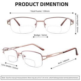 FEIVSN 2 Pack Metal Bifocal Reading Glasses for Women Designed Lady Bi-focal Readers Half Frame Fixed Hinge Clear 0 Top, Royal Blue + Baby Pink, +1.00