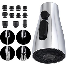 Kitchen Sink Faucet Replacement Parts - 4 Function Nozzles with 11 Compatible Adapters, Durable & Efficient, Black - Color: Chrome