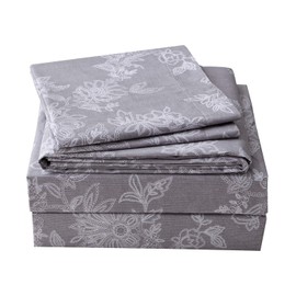 FADFAY Sheet Set Queen Farmhouse Bedding Shabby Floral Vintage Gray Bedding 100% Cotton Super Soft Hypoallergenic Grey and White Deep Pocket Fitted Sheet 4-Pieces Queen Size