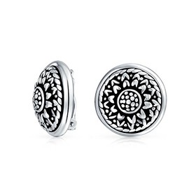 Bali Style Round Dome Medallion Style Flower Motif Button Clip On Earrings Black Oxidized .925 Sterling Silver .85 Dia