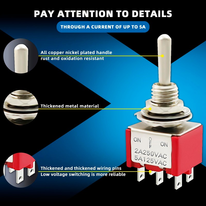 DaFuRui Spdt Toggle Switch，20Pack 3 Position 6 Pin ON-Off-ON Metal