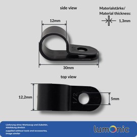 Lumonic Cable Clip Set 100x P-Clip I Perfect for Cables with 12 mm Diameter 1/2 Inch I Also As: Cable Clamp, Cable Holder and Chassis Clips One