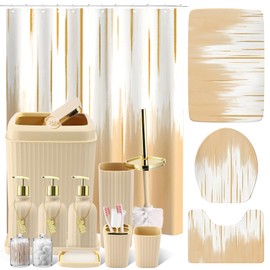 WSBArt WSBArt 32PCS Bathroom Sets with Shower Curtain and Rugs-Beige Bathroom Accessories,Non Slip Bathroom Rugs Set with Toilet Lid Cover, Waterproof Shower Curtain, 3PC Soap Dispenser with Trash Can