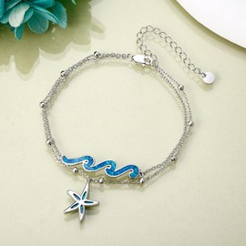 DAYLINLOVE Starfish Wave Bracelet 925 Sterling Silver Blue Opal Starfish Waves Bracelet Multilayer Beach Jewellery for Women, Sterling Silver
