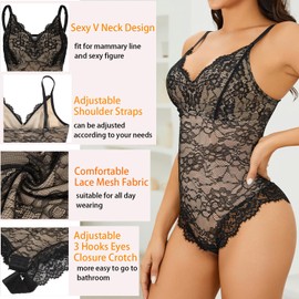 ACPLK Lace Bodysuit for Women Tummy Control Shapewear Thong Body Shaper V-Neck Shapewear Bodysuit
