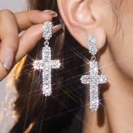 Cross Earrings for Women Rhinestone Cross Dangle Earrings Crystal Cross Drop Earrings Dainty CZ Earrings Religious Jewelry Gift for Women
