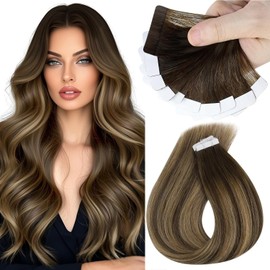 Sunny Hair Tape in Hair Extensions Real Human Hair Invisible Remy Hair Extensions Tape ins for Women Dark Brown Ombre Caramel Blonde Balayage 18 inch 25G