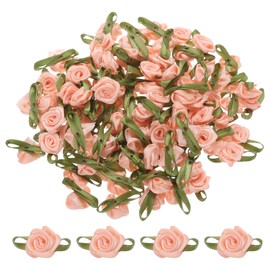 sourcing map 100pcs Apricot Ribbon Roses 5/8" x1-3/16 Mini Roses for Crafts Little Satin Bows Roses Artificial Flowers