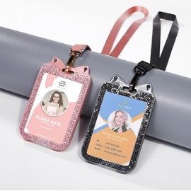 2 Pack Lanyards for ID Badge Holder Bling Sparkly Cute ID Card Holder with Lanyards for Women (Pink and Black)