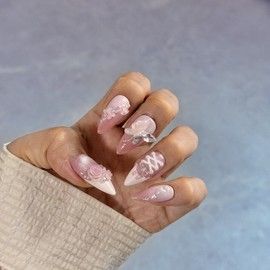 Rose Ballet Core Spring Nail Tips  - L-Coffin / 로즈 발레코어 봄네일팁  - L-코핀