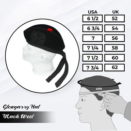 UMAM Glengarry Cap - Traditional Scottish Hat, 100% Wool, Acrylic Wool Tartan, Wool Kilts/Bagpipes Accessories Acrylic Wool, Polyester Cotton Ribbon (7 3/4(62 UK), Plain Black Wool)