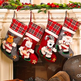 Forhome Large Christmas Stocking Set, Santa Stocking Socks, Christmas Stocking Gift Bag for Children, Families, Christmas Party Decoration with Santa, Snowman, Reindeer, Bear