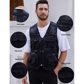 Gihuo Men's Mesh Multi Pockets Outdoor Fishing Safari Travel Vest(Black 03-M)