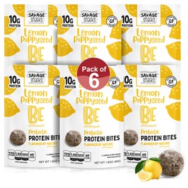 Savage Snacks Be Lemon Poppyseed Whole Food Prebiotic (Pack of 6) 10g Protein Balls & Bites - Convenient On-The-Go Tasty Protein Snacks - High-Protein, Gluten-Free, Grain-Free & Flavored by Nature