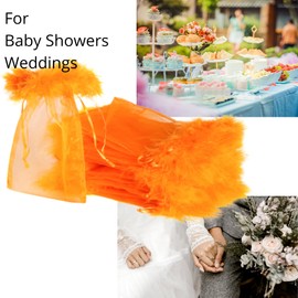 Linpeng Organza Drawstring Pouches, Feather Fur Trimmed Top Bags, Wedding Party Favors 5x7 Inches Pack of 12pcs (Orange)