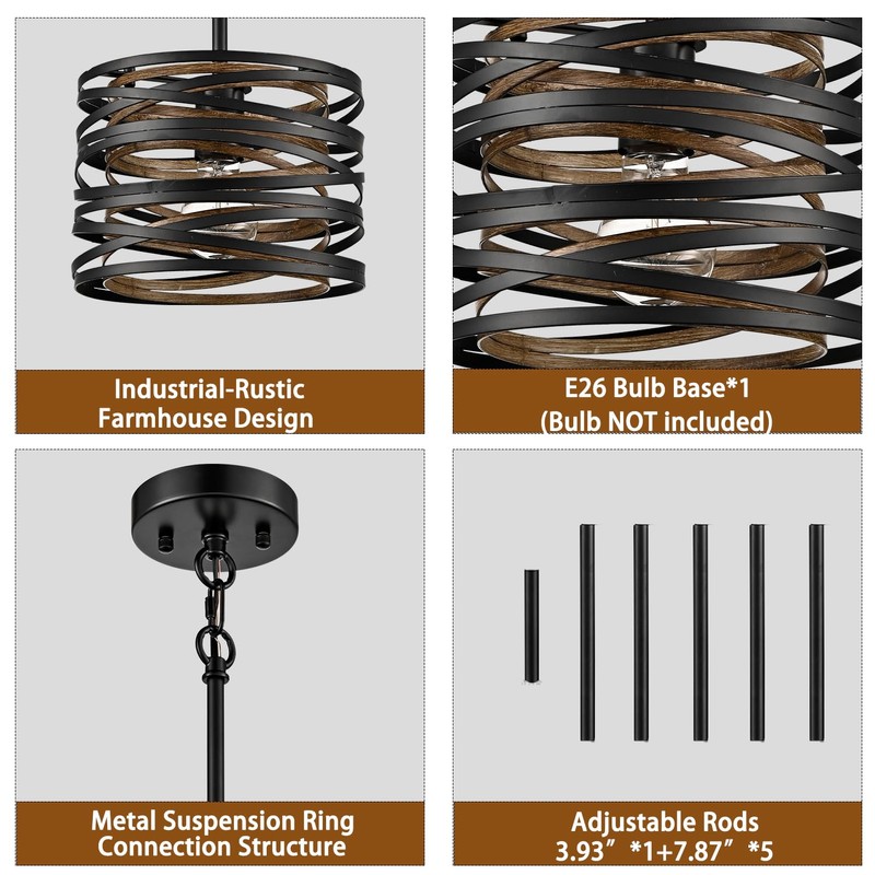 SHAWNKEY Industrial 1-Light Black Pendant Light with Wood Grain Finish