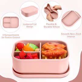 Honeydak 6 Pcs Silicone Bento Box 3 Compartment Reusable Lunch Container Smooth and Leakproof Meal Prep Lunch Box with Lid Stackable Meal Prep Container for Work Travel, 6 Colors(Light Colors)