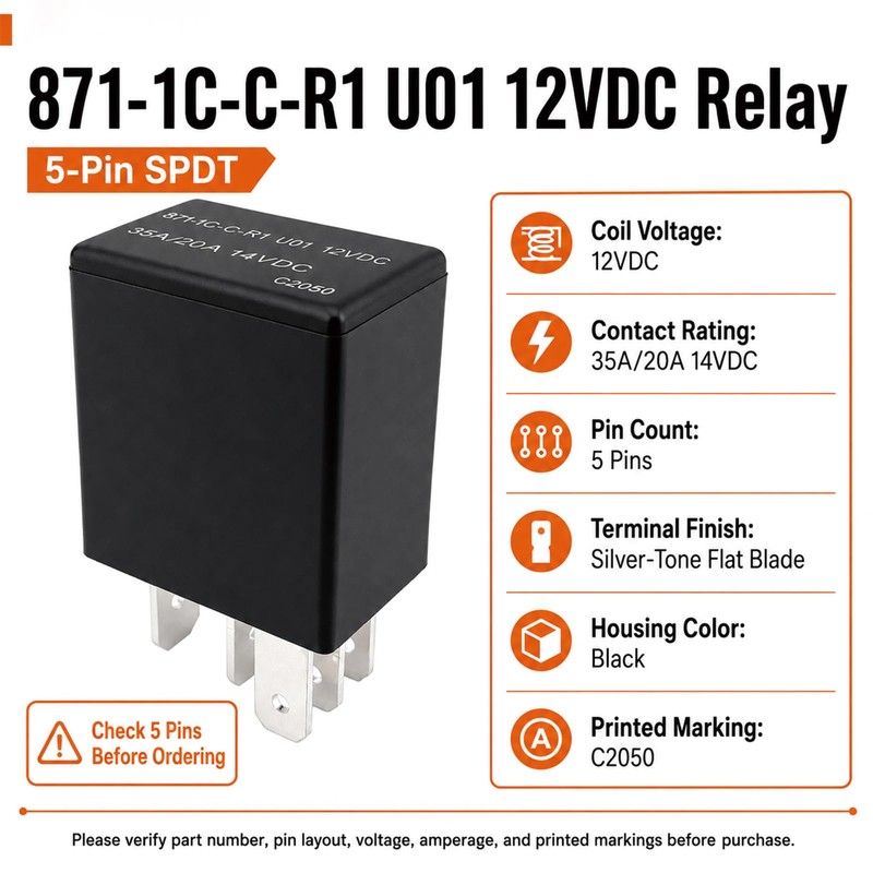 871-1C-C-R1 U01 12VDC Relay (2-Pack) 35A/20A 14VDC 5-Pin SPDT