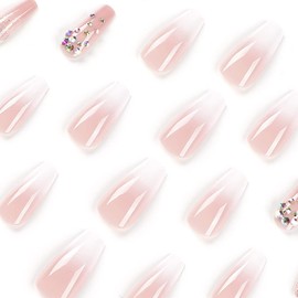 Clataly 24Pcs White Flower Long Coffin Nail Shining Rhinestones French Fake Nails Press on Nails Ballet False Nails for Women Girls (B)