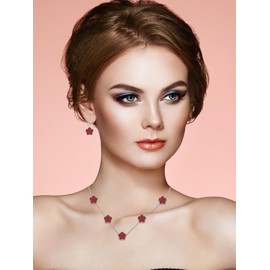 Qinpan Gold Plated Five Leaf Clover Necklace Bracelet and Dangle Earrings Set for Women Lucky Flower Jewelry (Burgundy-White Gold Plated)