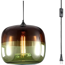SANDYHA Brown-Blue Glass Kitchen Pendant Light Mid Century Glass Chandelier Modern Plug-in Ceiling Hanging Light Fixture for Kitchen Island Dining Room Entryway (Amber-Green)