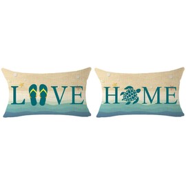 ITFRO Set of 2 Summer Gift Love Home Flip Flop Sea Turtle Beach Starfish Cotton Linen Lumbar Throw Pillow Case Cushion Cover Farmhouse Home Sofa Decorative 12X20 Inches (Love Home)
