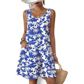 Eddoyee Vestido de Verano para Mujer,Estampado Floral, sin Mangas,Holgada,Suelta Vestidos Moda Casuales de Verano con Bolsillos,Vestidos de Estilo Coreano para Mujer, Casual, Cuello en U