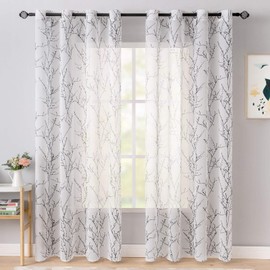 MIULEE Tree Branch Print Semi Sheer Curtains 84 Inches for Living Room/Bedroom Window Panels Linen Texture Sheer Drapes Grommet Top 2 Pack 52 W x 84 L Inch,Black