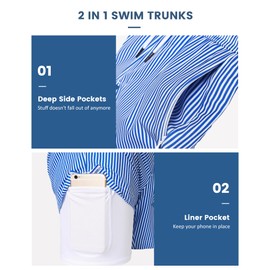 maamgic Mens Swim Trunks with Compression Liner 5" Stretch Beach Shorts Quick Dry with Zipper Pockets No-Chafing Board Shorts Blue White Stripe XL