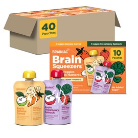 Brainiac Fruit and Veggie Applesauce Variety Pack Pouches, Apple Banana Carrot, Apple Strawberry Spinach, Unsweetened Applesauce with Immune Boosting Vitamin C, Omega-3s & Choline, 40 Count, 3.2 oz.