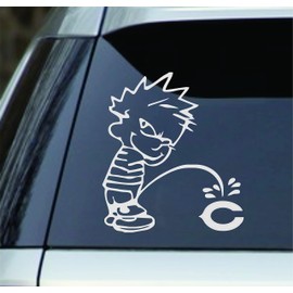 White 5.5" Calvin Peeing Piss Pissing On The Bears Window Sticker Decal – Good for Cars, Trucks, laptops, lockers etc
